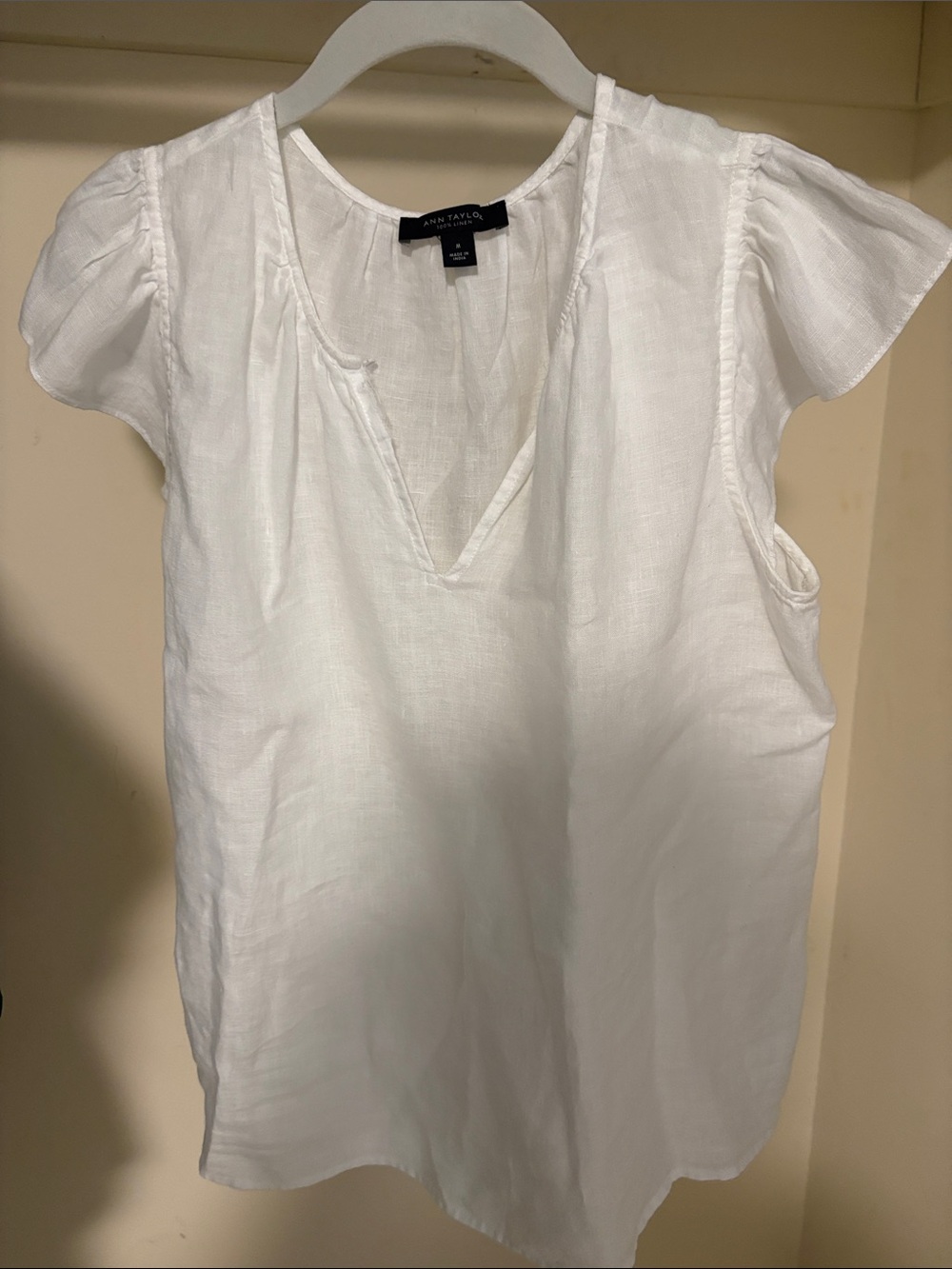 Ann Taylor White Linen V-Neck Flutter Sleeve Top